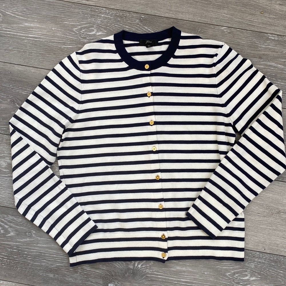 LAST CHANCE J.Crew Blue White Stripe Gold Button Nautical Cardigan SZ XL